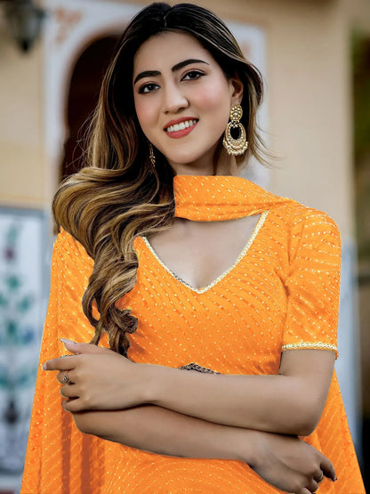 Tulsi Art Pretty Orange Leheriya Print Georgette Wedding Lehenga Choli