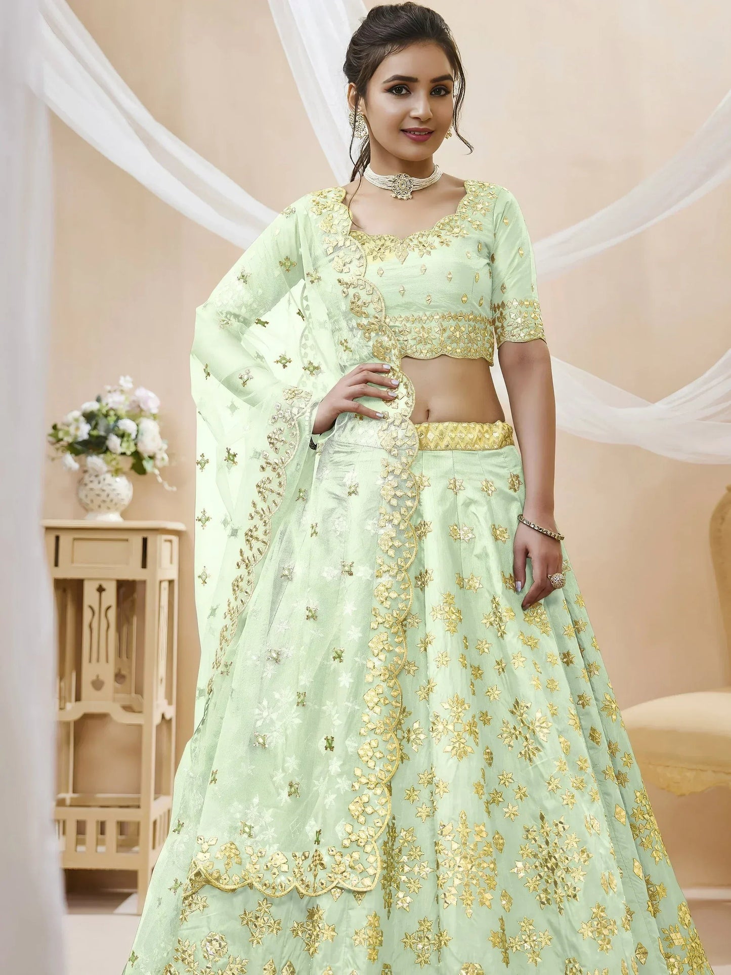 Tulsi Art Mesmerizing Pista Embroidered Art Silk Reception Wear Lehenga Choli