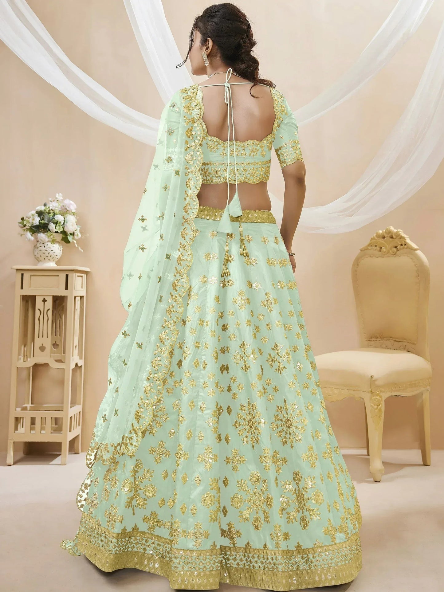 Tulsi Art Mesmerizing Pista Embroidered Art Silk Reception Wear Lehenga Choli