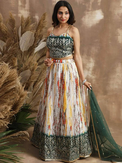 Tulsi Art Enchanting White & Green Sequins Chinon Festival Wear Lehenga Choli