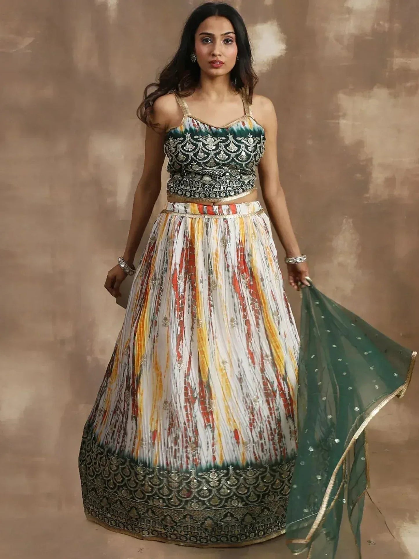 Tulsi Art Enchanting White & Green Sequins Chinon Festival Wear Lehenga Choli