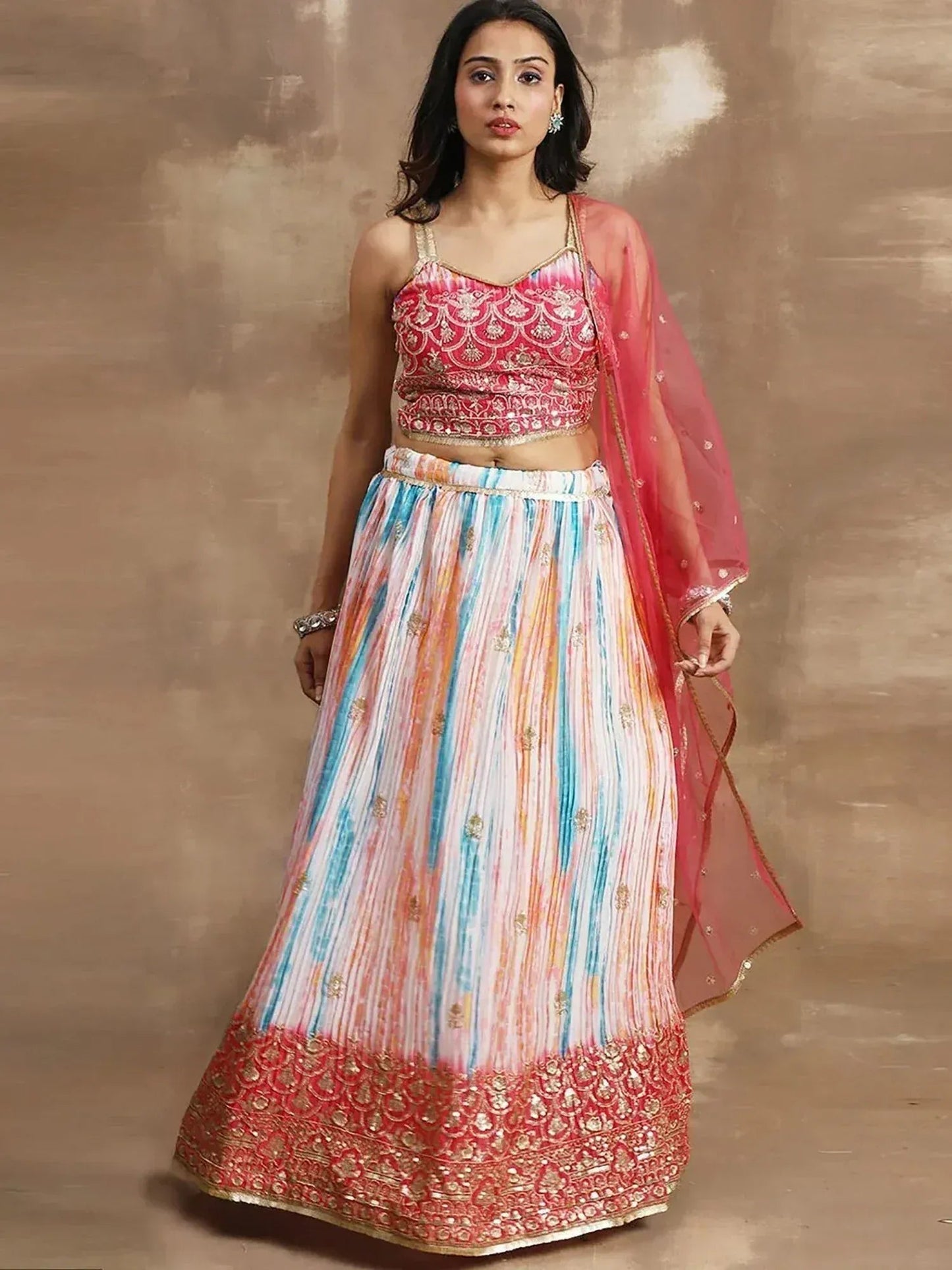 Tulsi Art Fascinating White & Pink Zari Work Chinon Event Wear Lehenga Choli