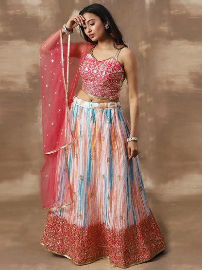 Tulsi Art Fascinating White & Pink Zari Work Chinon Event Wear Lehenga Choli
