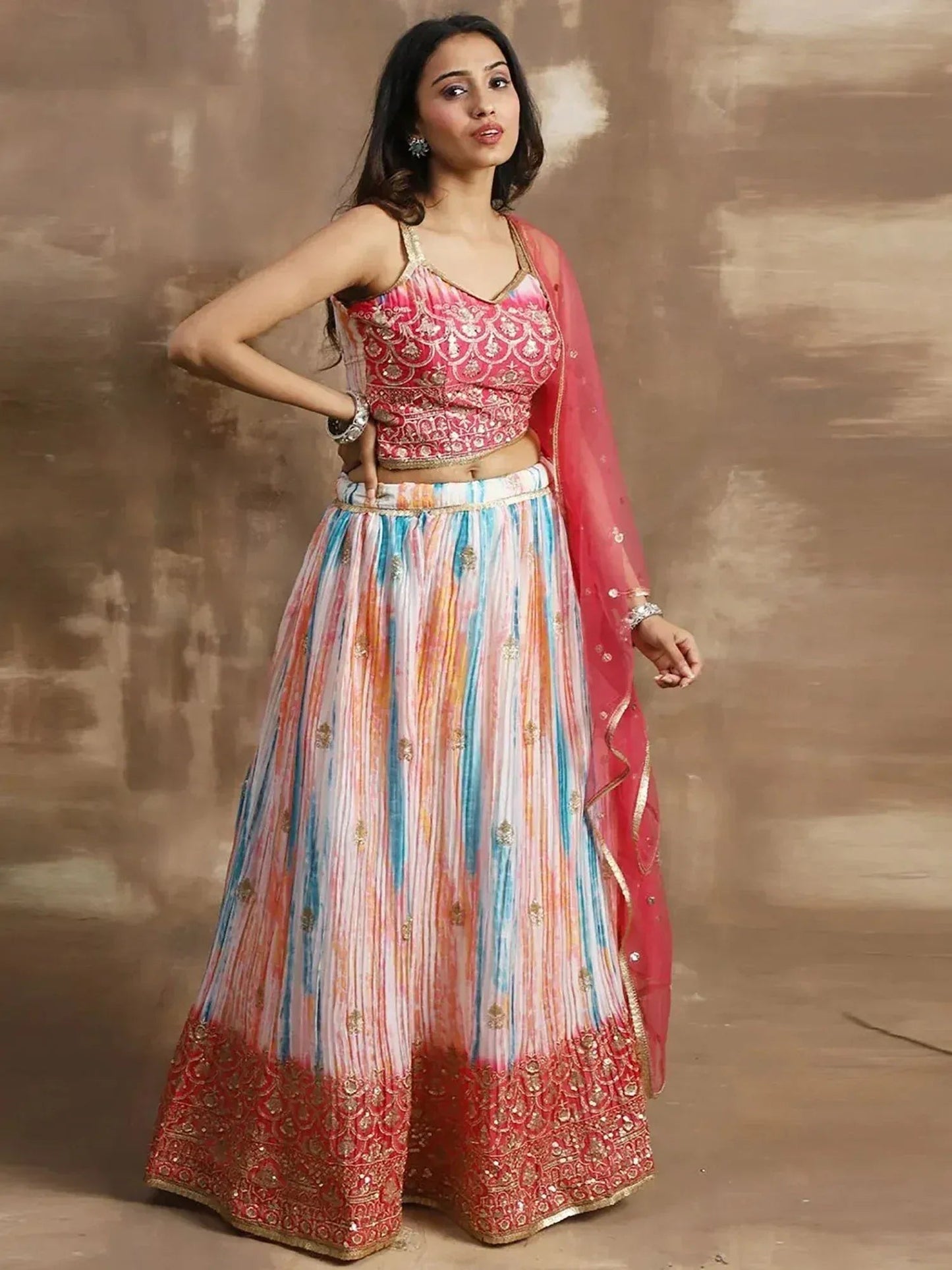 Tulsi Art Fascinating White & Pink Zari Work Chinon Event Wear Lehenga Choli