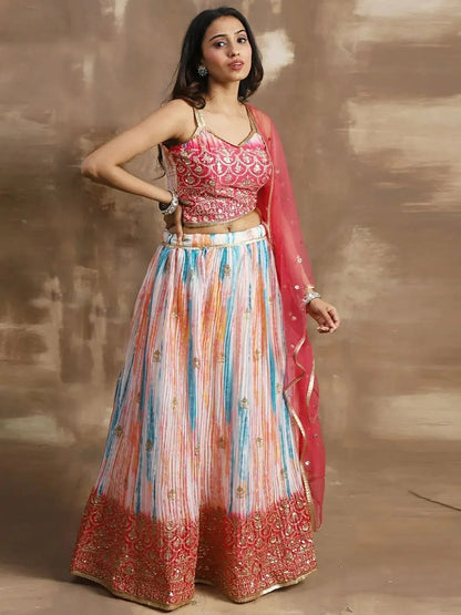 Tulsi Art Fascinating White & Pink Zari Work Chinon Event Wear Lehenga Choli