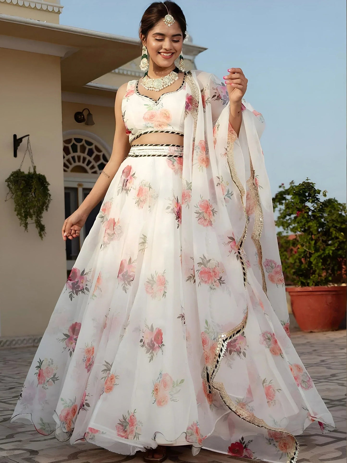 Tulsi Art Magnetic White Floral Printed Organza Festival Wear Lehenga Choli