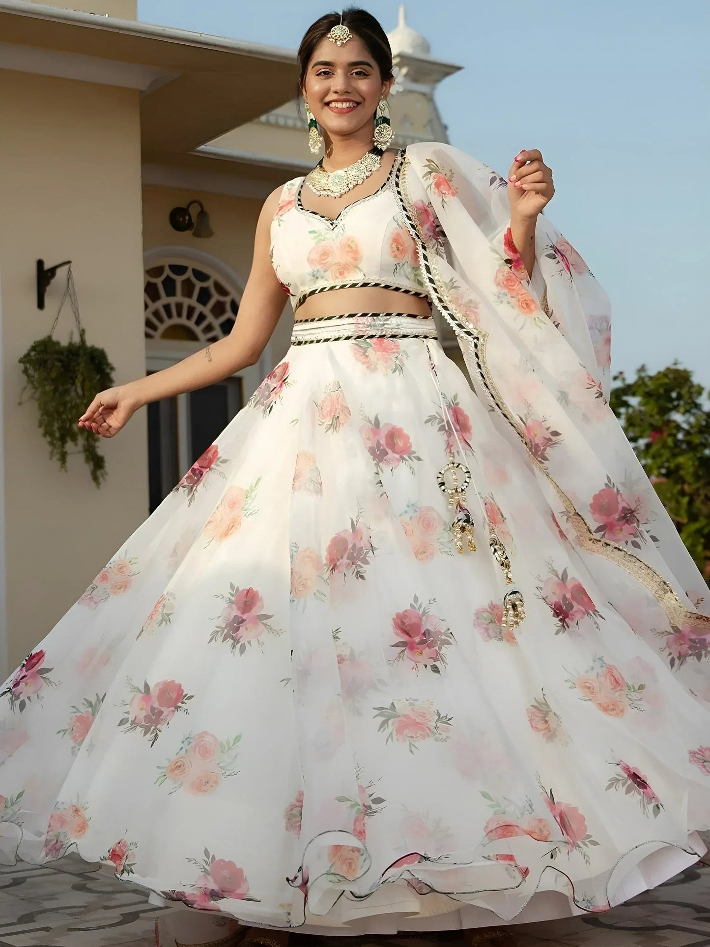 Tulsi Art Magnetic White Floral Printed Organza Festival Wear Lehenga Choli