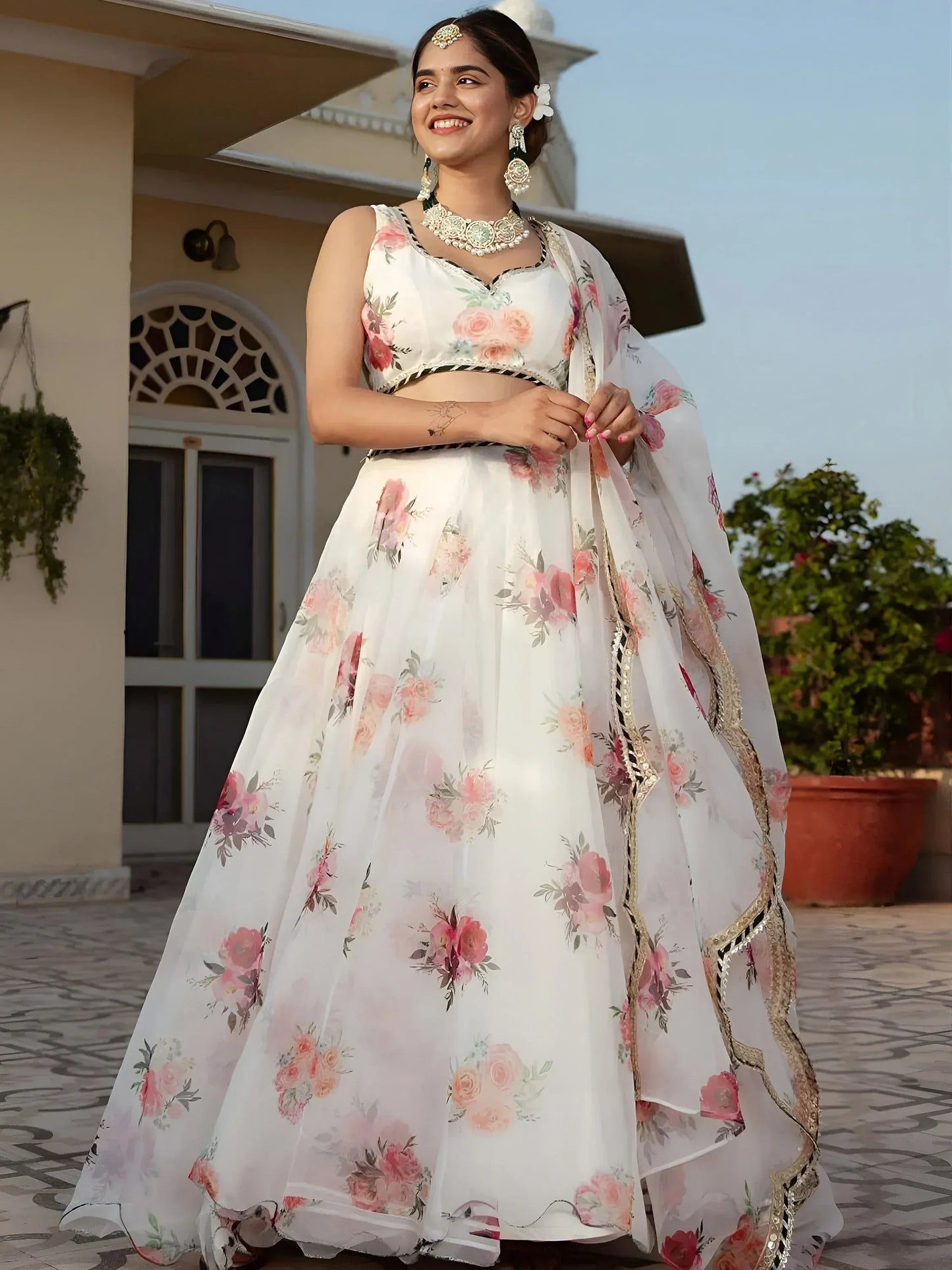 Tulsi Art Magnetic White Floral Printed Organza Festival Wear Lehenga Choli