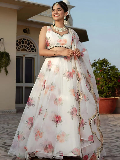 Tulsi Art Magnetic White Floral Printed Organza Festival Wear Lehenga Choli