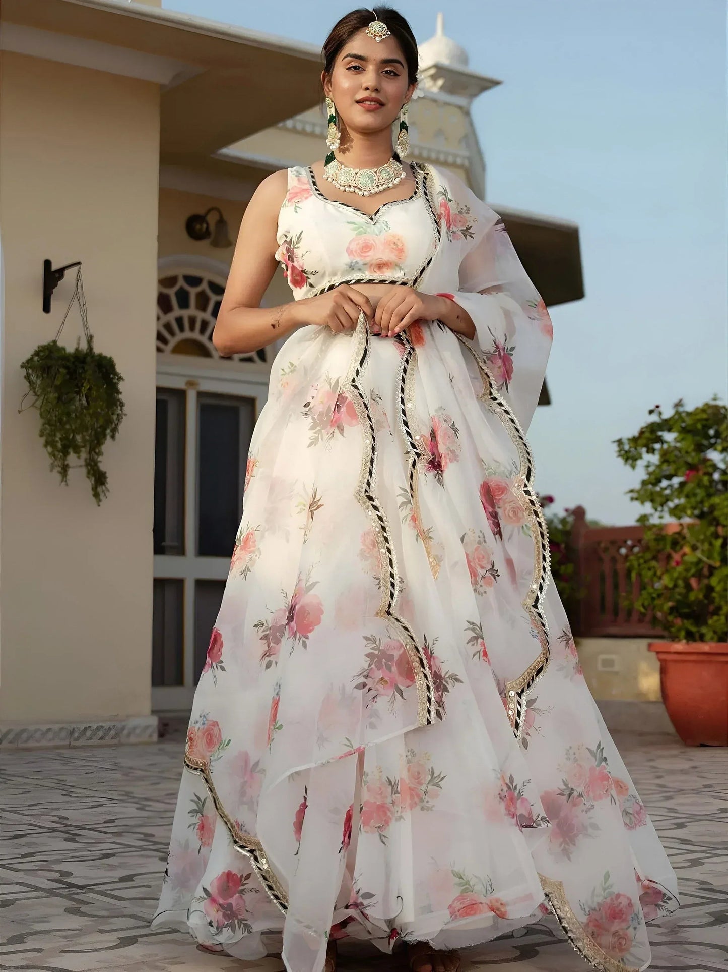 Tulsi Art Magnetic White Floral Printed Organza Festival Wear Lehenga Choli