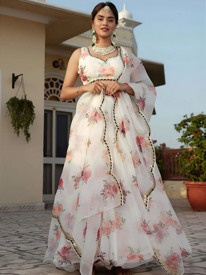 Tulsi Art Magnetic White Floral Printed Organza Festival Wear Lehenga Choli