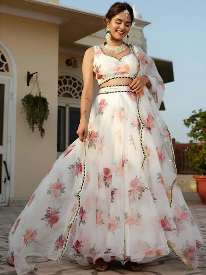 Tulsi Art Magnetic White Floral Printed Organza Festival Wear Lehenga Choli
