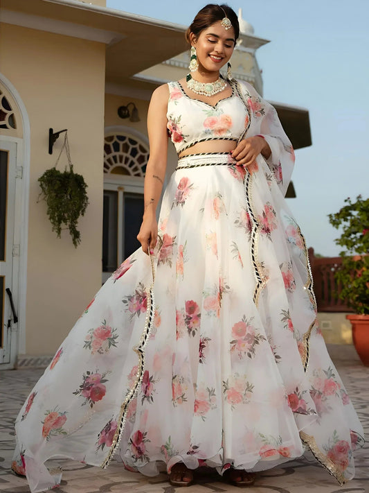 Tulsi Art Magnetic White Floral Printed Organza Festival Wear Lehenga Choli