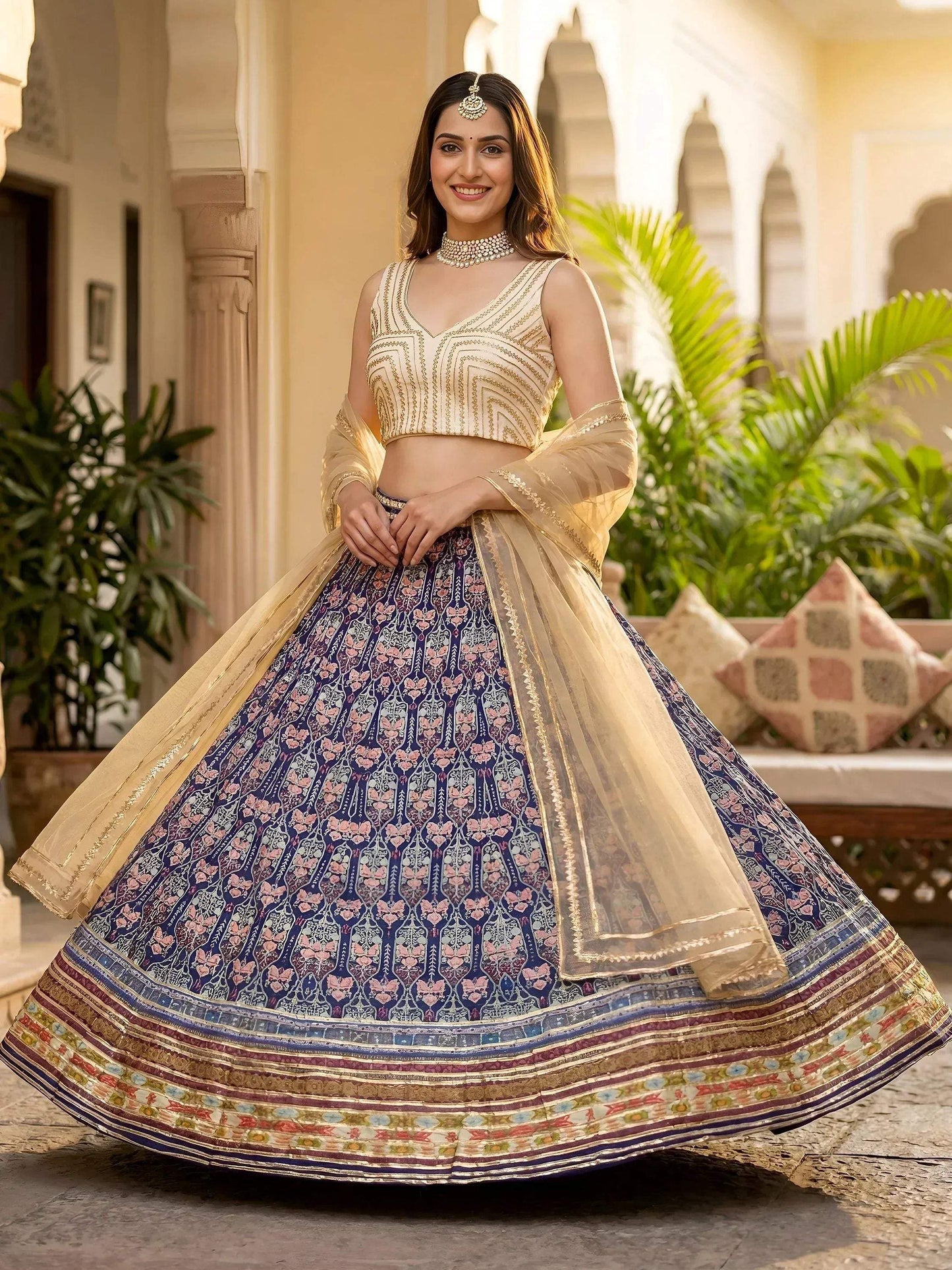 Tulsi Art Glowing Blue Digital Printed Silk Wedding Wear Lehenga Choli