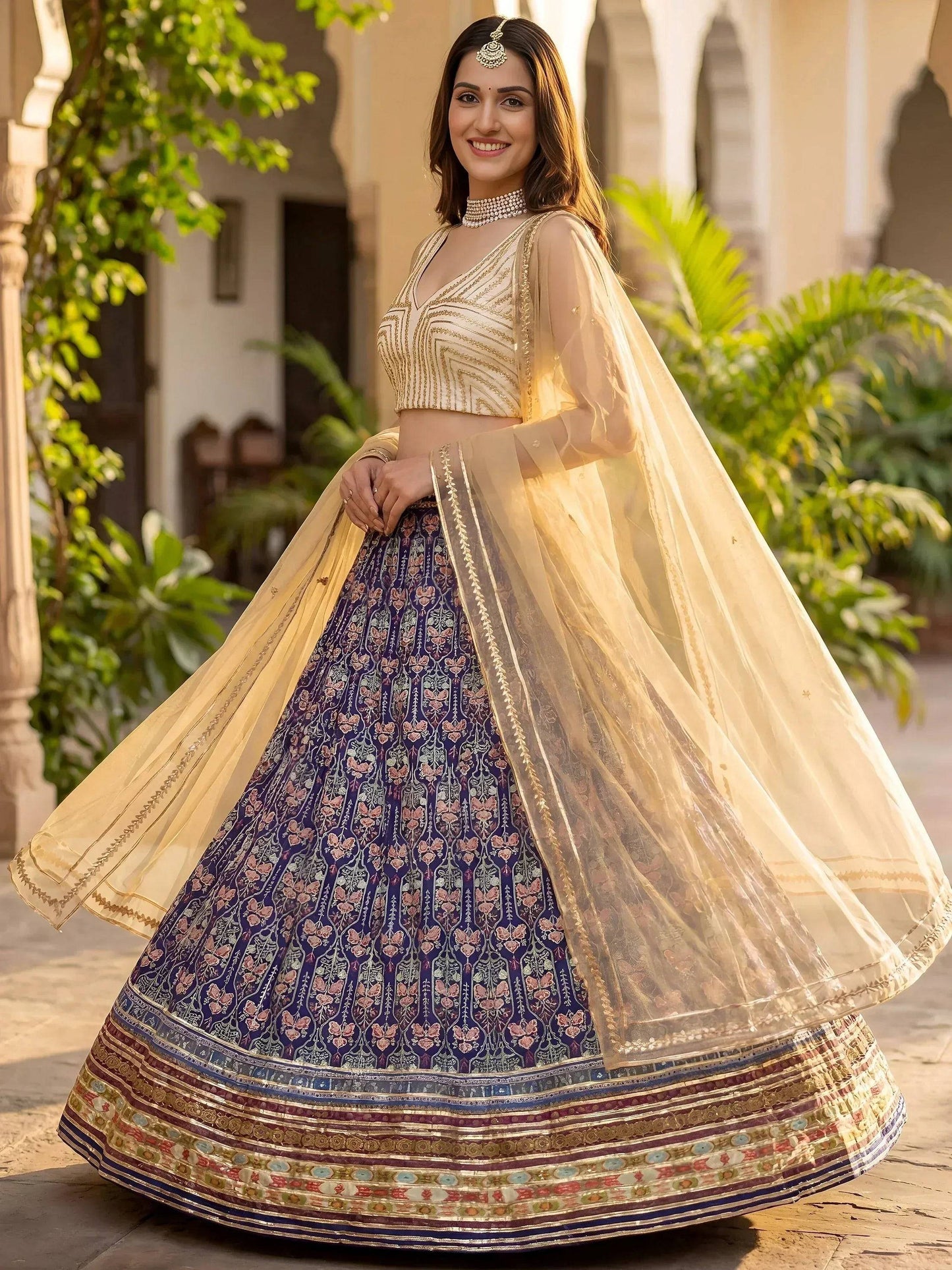 Tulsi Art Glowing Blue Digital Printed Silk Wedding Wear Lehenga Choli