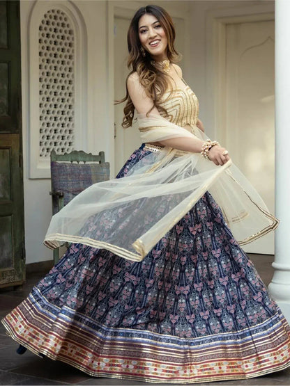 Tulsi Art Beautiful Navy Blue Digital Printed Art Silk Reception Wear Lehenga Choli