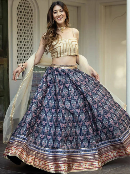 Tulsi Art Beautiful Navy Blue Digital Printed Art Silk Reception Wear Lehenga Choli
