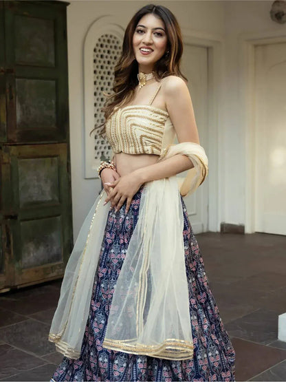 Tulsi Art Beautiful Navy Blue Digital Printed Art Silk Reception Wear Lehenga Choli