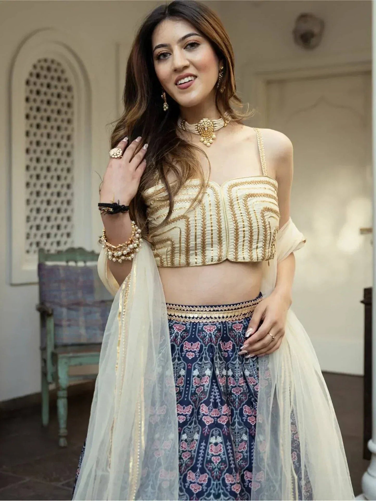 Tulsi Art Beautiful Navy Blue Digital Printed Art Silk Reception Wear Lehenga Choli