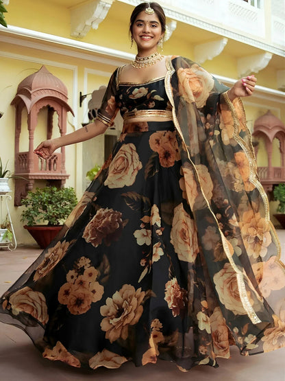 Tulsi Art Beautiful Black Floral Printed Organza Event Wear Lehenga Choli