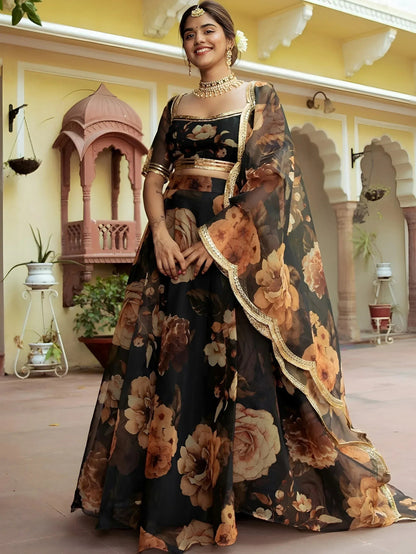 Tulsi Art Beautiful Black Floral Printed Organza Event Wear Lehenga Choli
