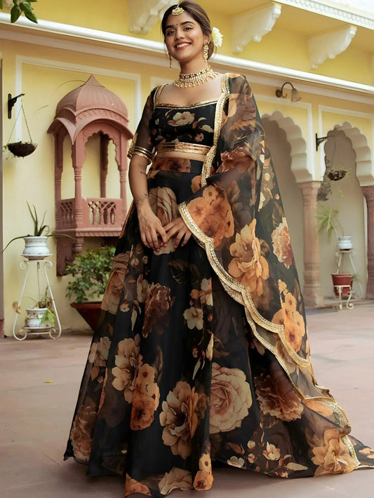 Tulsi Art Beautiful Black Floral Printed Organza Event Wear Lehenga Choli