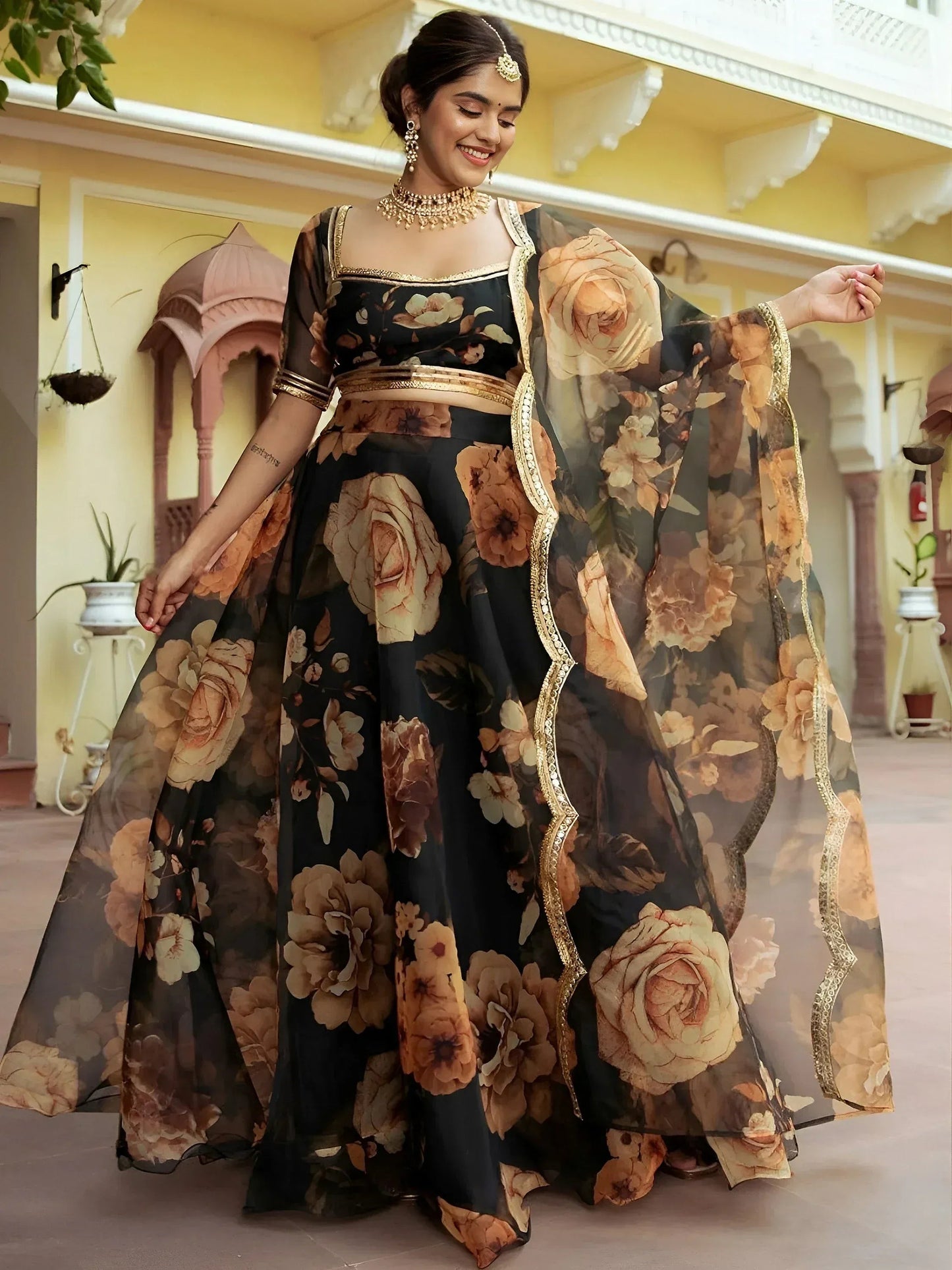 Tulsi Art Beautiful Black Floral Printed Organza Event Wear Lehenga Choli