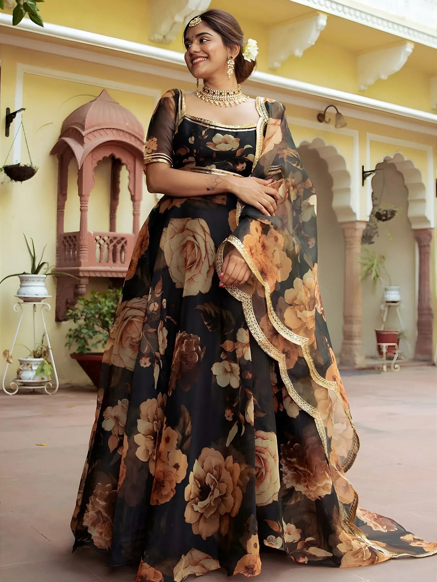 Tulsi Art Beautiful Black Floral Printed Organza Event Wear Lehenga Choli