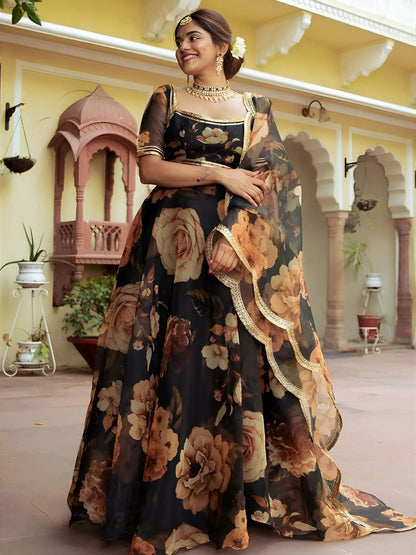 Tulsi Art Beautiful Black Floral Printed Organza Event Wear Lehenga Choli