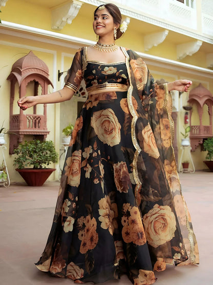 Tulsi Art Beautiful Black Floral Printed Organza Event Wear Lehenga Choli