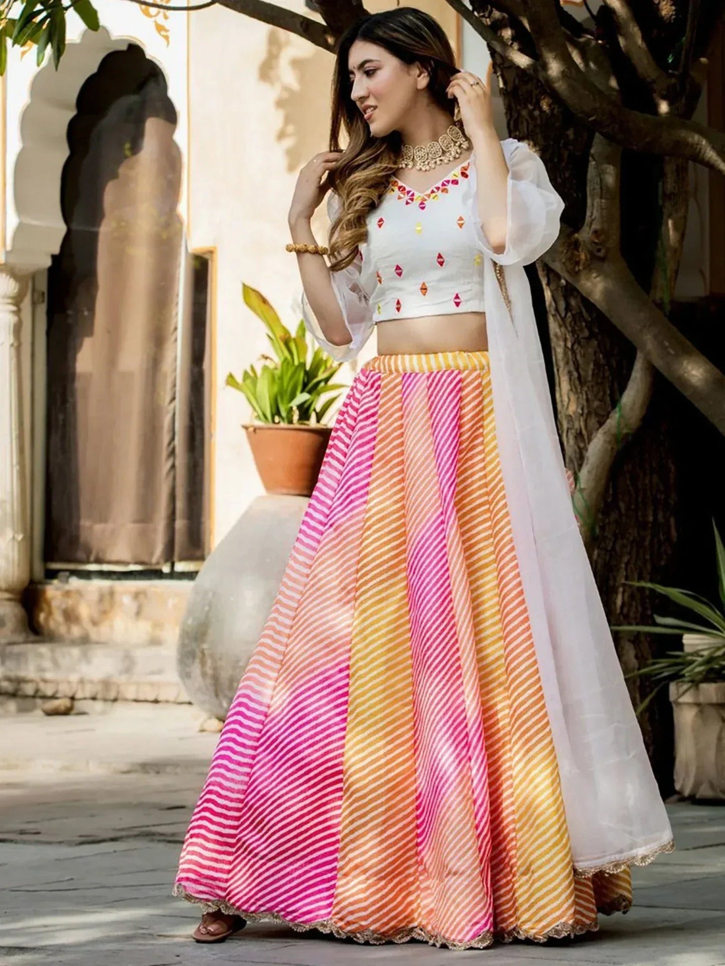 Tulsi Art Pretty Multicolor Leheriya Printed Art Silk Sangeet Wear Lehenga Choli