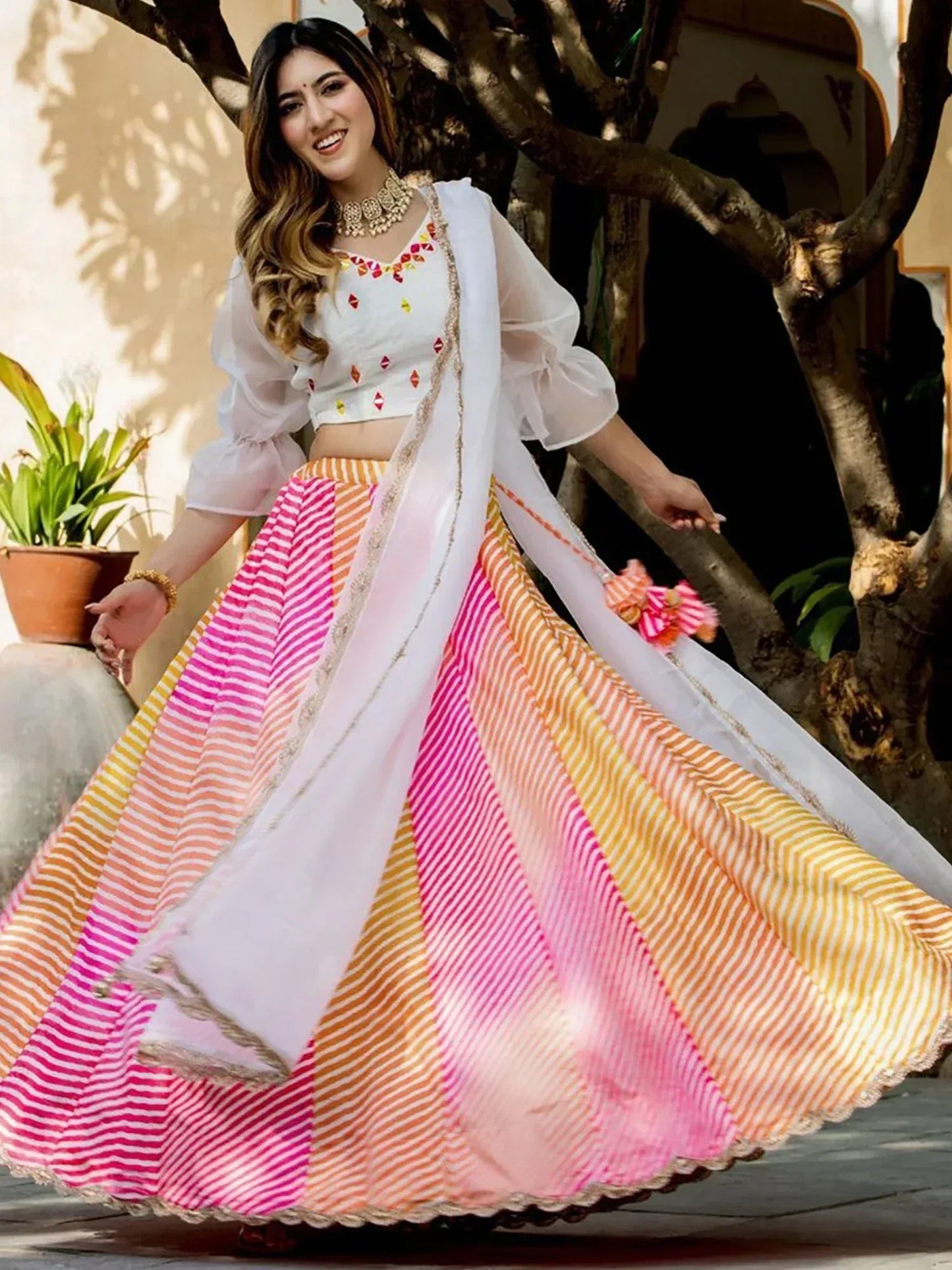 Tulsi Art Pretty Multicolor Leheriya Printed Art Silk Sangeet Wear Lehenga Choli
