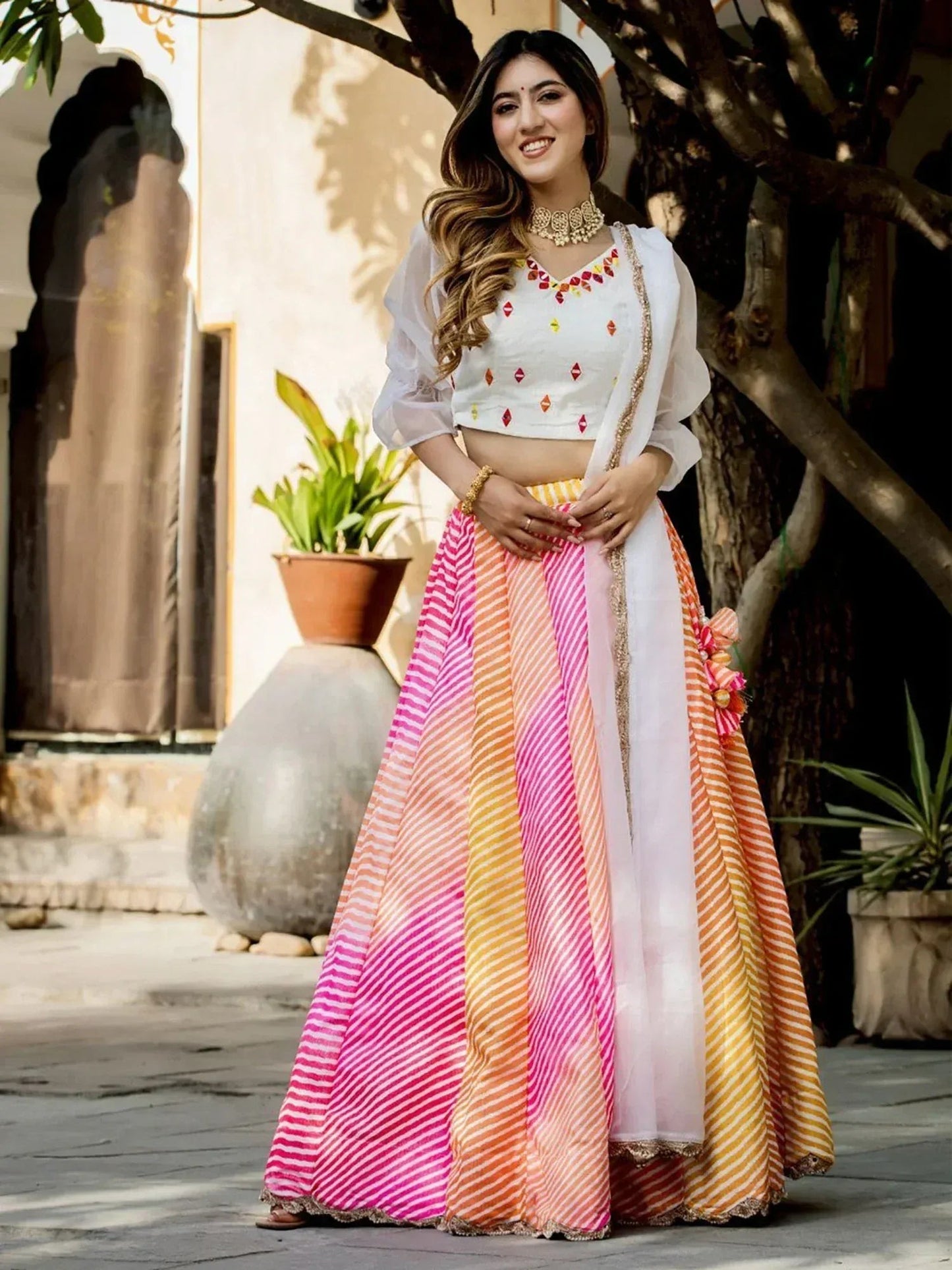 Tulsi Art Pretty Multicolor Leheriya Printed Art Silk Sangeet Wear Lehenga Choli