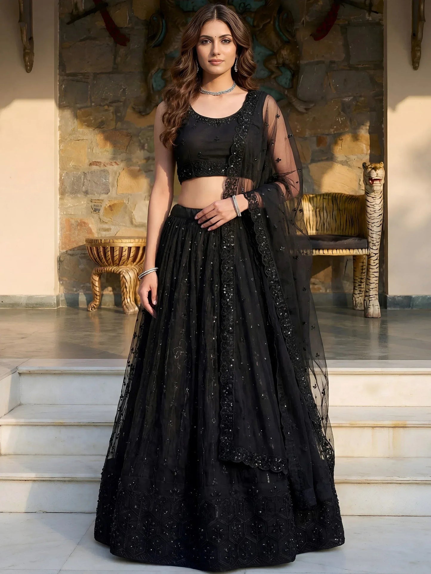 Tulsi Art Gorgeous Black Embroidered Net Reception Wear Lehenga Choli