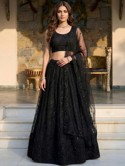 Tulsi Art Gorgeous Black Embroidered Net Reception Wear Lehenga Choli