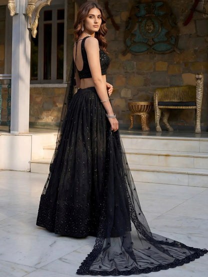 Tulsi Art Gorgeous Black Embroidered Net Reception Wear Lehenga Choli