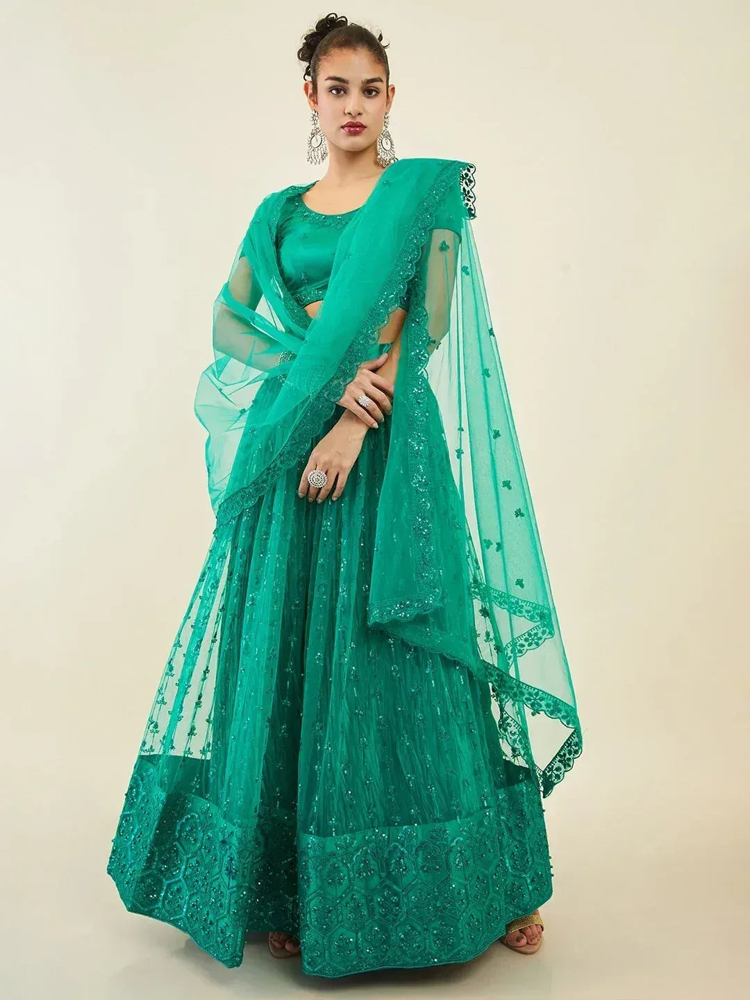 Tulsi Art Dazzling Teal Green Sequins Net Lehenga Choli With Dupatta