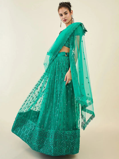 Tulsi Art Dazzling Teal Green Sequins Net Lehenga Choli With Dupatta