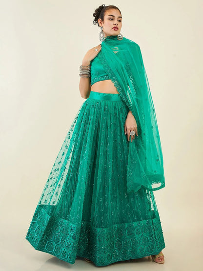 Tulsi Art Dazzling Teal Green Sequins Net Lehenga Choli With Dupatta