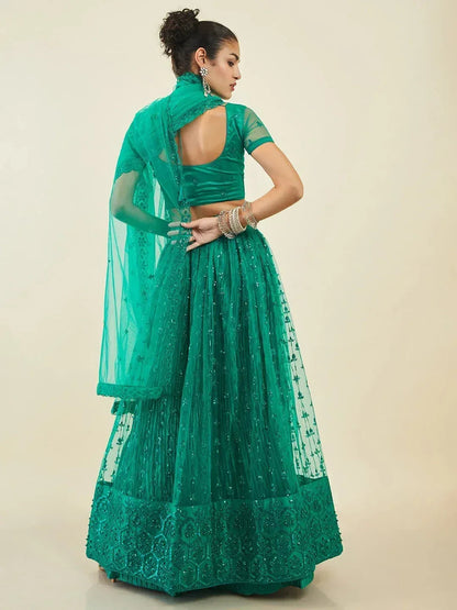 Tulsi Art Dazzling Teal Green Sequins Net Lehenga Choli With Dupatta