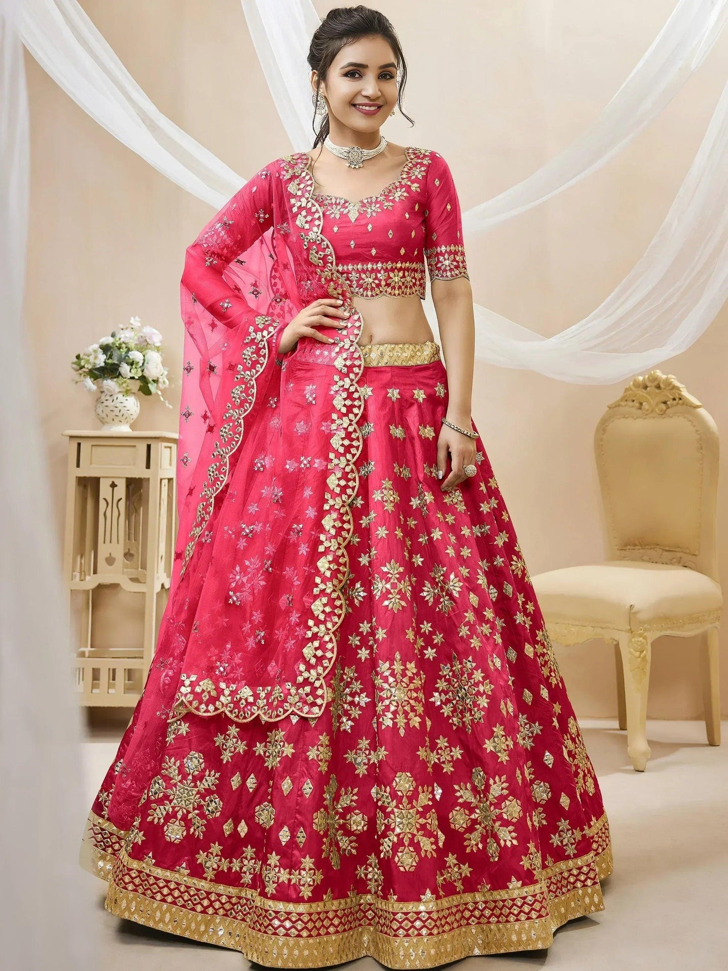 Tulsi Art Outstanding Pink Zari Work Art Silk Reception Wear Lehenga Choli