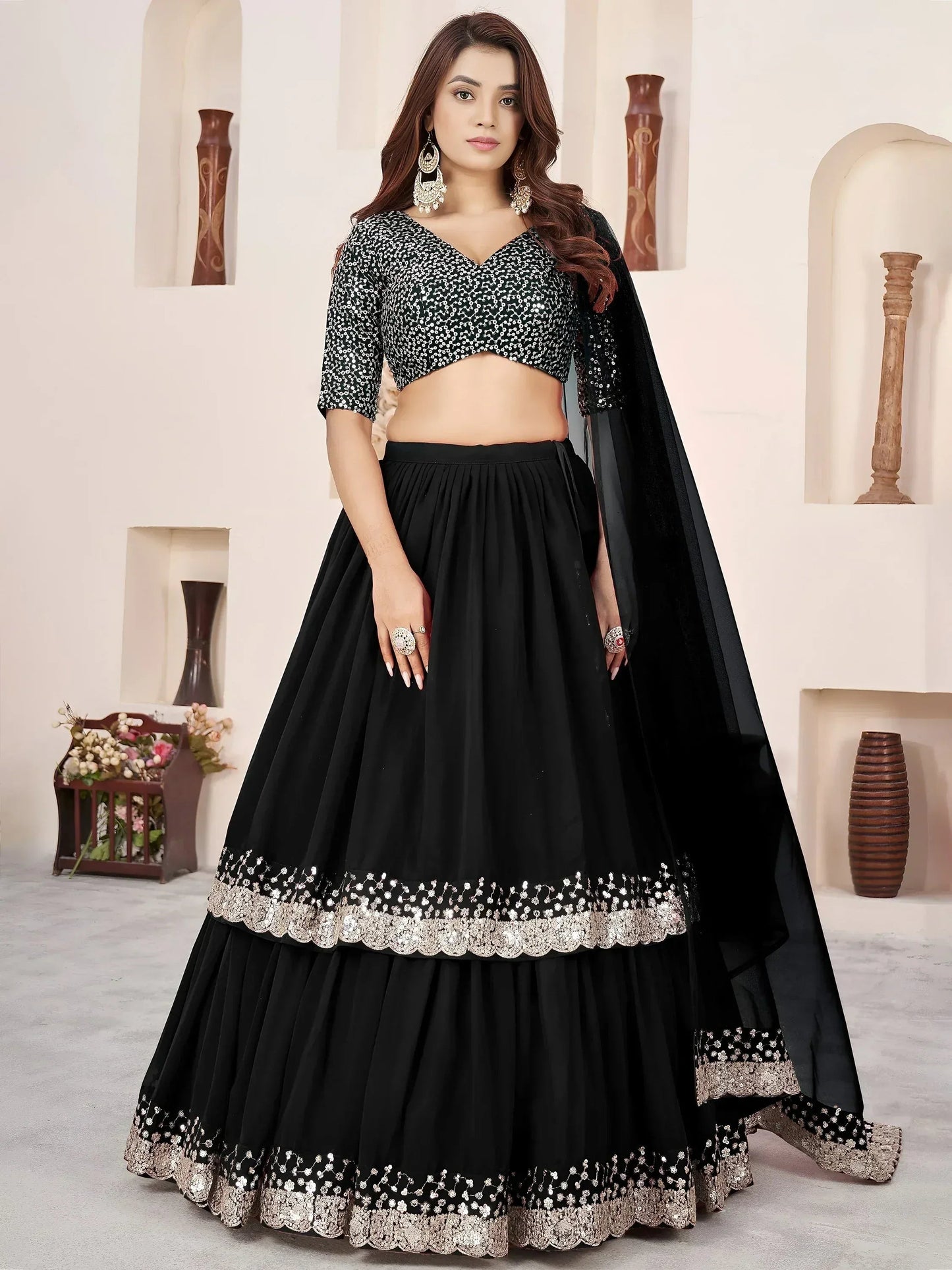 Tulsi Art Outstanding Black Sequins Georgette Wedding Wear Lehenga Choli