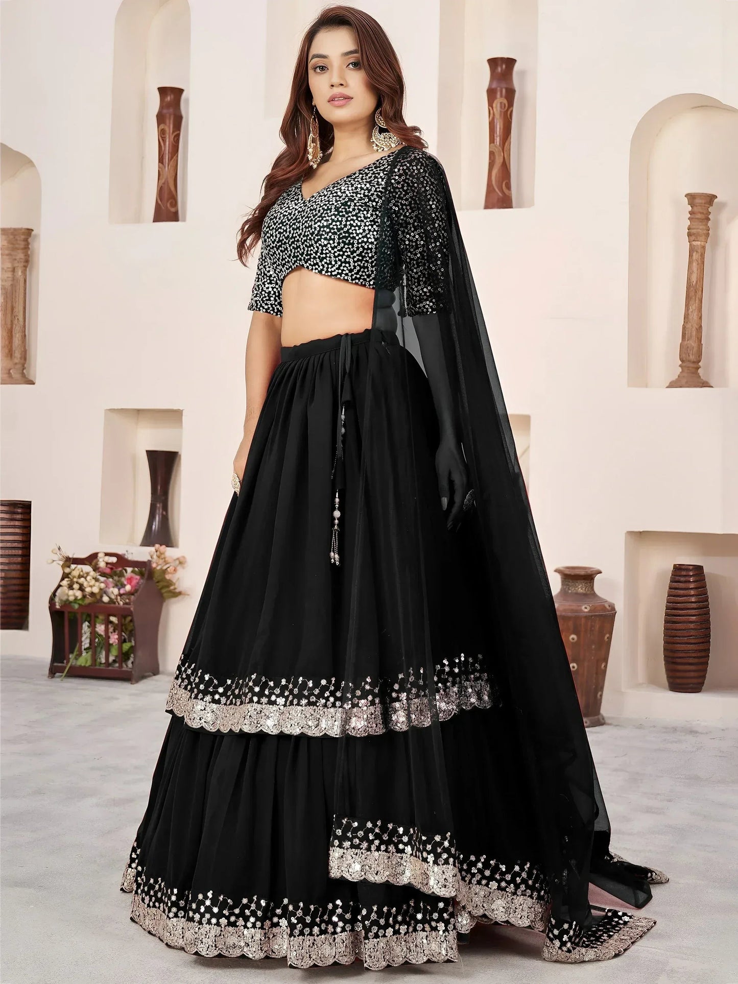 Tulsi Art Outstanding Black Sequins Georgette Wedding Wear Lehenga Choli