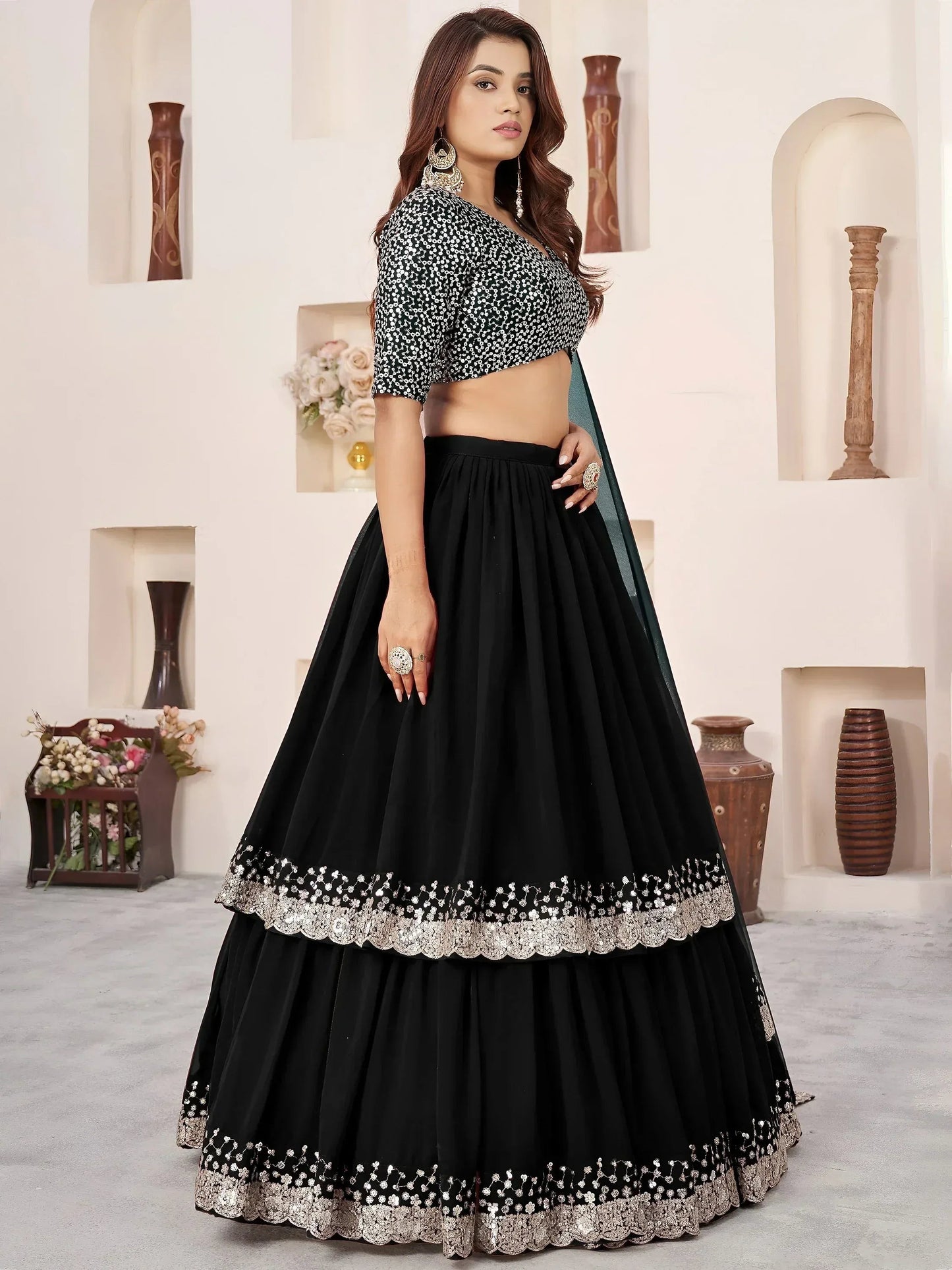 Tulsi Art Outstanding Black Sequins Georgette Wedding Wear Lehenga Choli