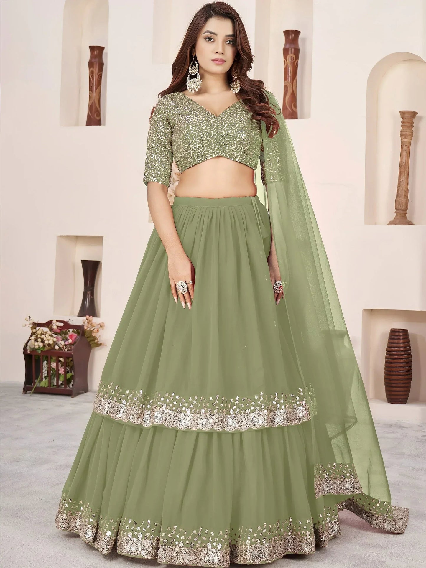 Tulsi Art Amazing Olive Green Sequins Georgette Wedding Wear Lehenga Choli