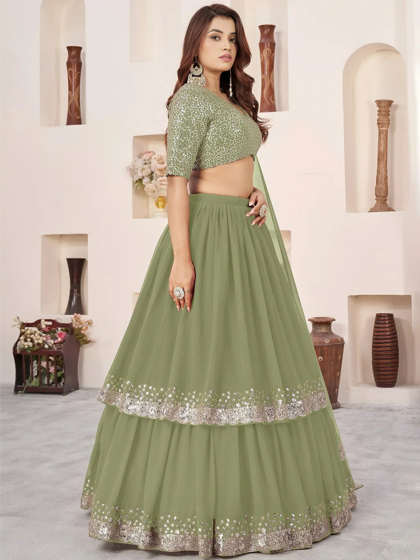 Tulsi Art Amazing Olive Green Sequins Georgette Wedding Wear Lehenga Choli
