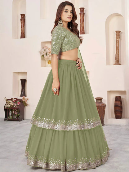 Tulsi Art Amazing Olive Green Sequins Georgette Wedding Wear Lehenga Choli