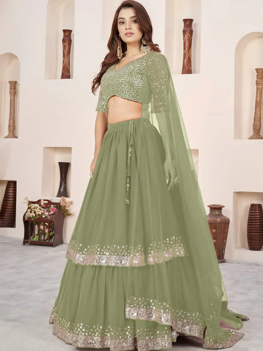 Tulsi Art Amazing Olive Green Sequins Georgette Wedding Wear Lehenga Choli