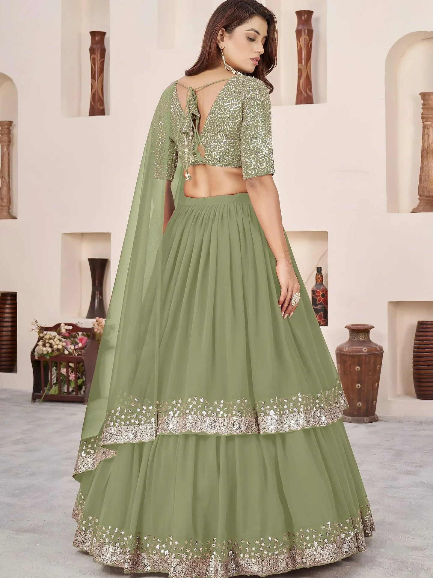 Tulsi Art Amazing Olive Green Sequins Georgette Wedding Wear Lehenga Choli