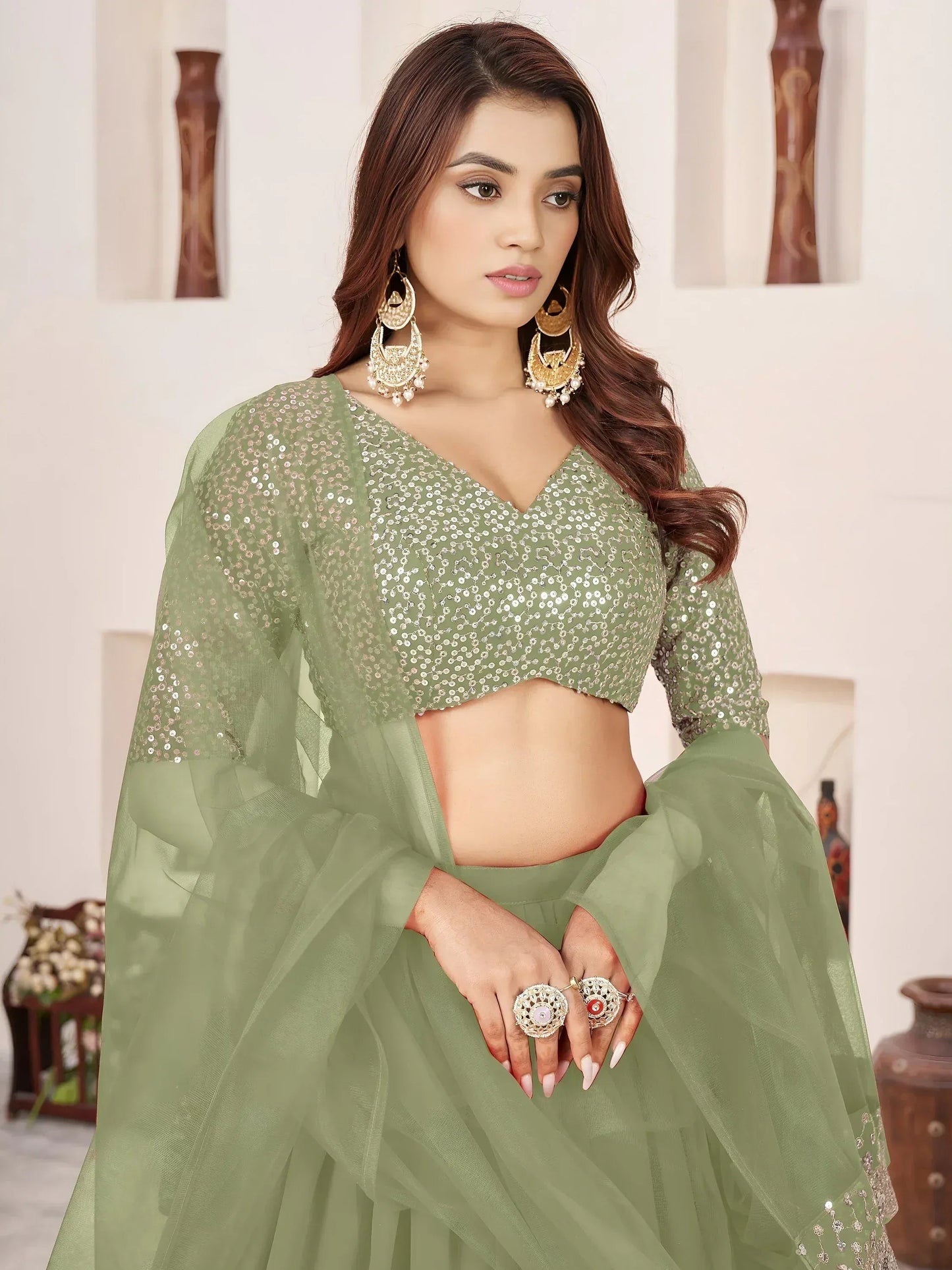 Tulsi Art Amazing Olive Green Sequins Georgette Wedding Wear Lehenga Choli